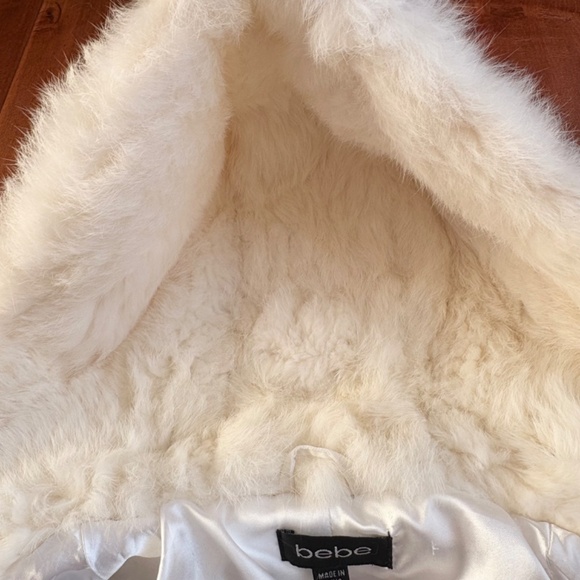 VTG BeBe Hooded Rabbit Fur Puffer Jacket w/ Corset lacing Details Womens S Ivory - Picture 14 of 16